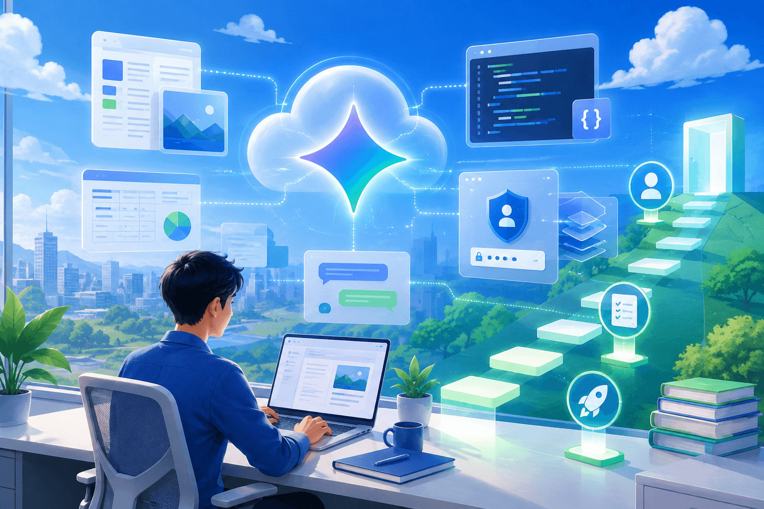 Google AI Pro 与 ChatGPT Plus 的开发和研究场景 的抽象技术工作流插画
